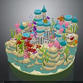 Colorful Castle Cake Design With Blue Towers Pink Decorations Coral Elements And Layered Structure