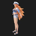 Woman with White Hat Orange Long Hair Blue White Top White Shorts Sandals Arms Outstretched