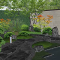 Garden Wall Surrounded by Lush Greenery Stone Pathway Decorative Rocks and Water Feature