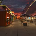 Modern Commercial Street Featuring Unique Architecture Coffee Shop Evening Lighting And Reflective Ground