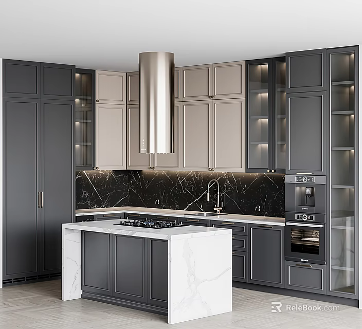 Modern Kitchen With Gray And Beige Cabinets Marble Island Stainless Steel Range Hood And Appliances 3d model 