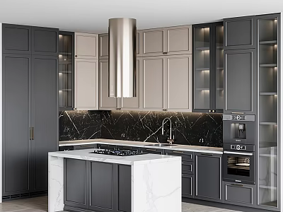 Modern Kitchen With Gray And Beige Cabinets Marble Island Stainless Steel Range Hood And Appliances 3d model