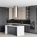 Modern Kitchen With Gray And Beige Cabinets Marble Island Stainless Steel Range Hood And Appliances