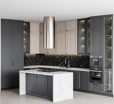 Modern Kitchen With Gray And Beige Cabinets Marble Island Stainless Steel Range Hood And Appliances 3d model