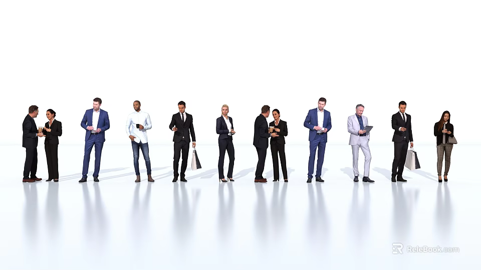 Group of Business Professionals Standing in a Row with Documents and Tablets 3d model 