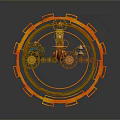 Ornate Orange And Gold Mechanical Artwork With Circular Frame Gears Tower And Lantern