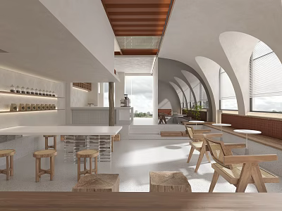 Modern Café Interior Design With Arched Windows Wooden Tables And Natural Light 3d model