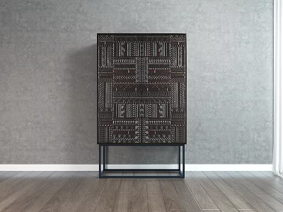 Dark Wooden Sideboard With Carved Patterns And Metal Legs Against Grey Wall Wooden Floor 3d model