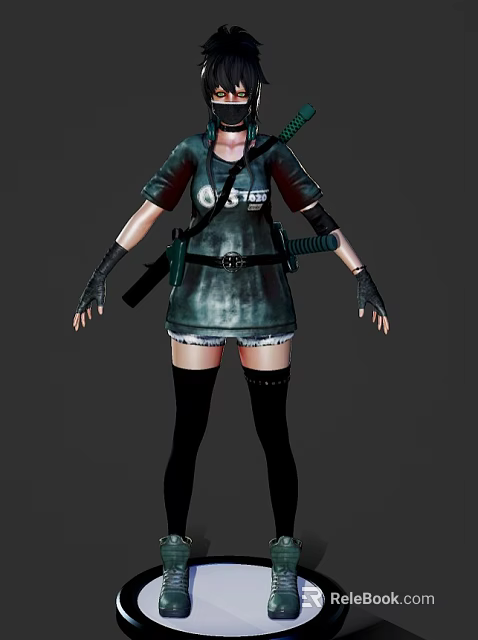 Warrior Character In Green 05 Label Outfit With Black Wolf Companion Standing Together 3d model 