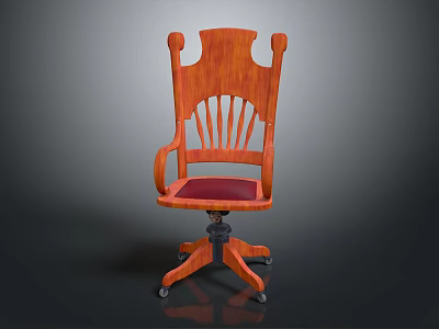 Classic Wooden High Back Chair With Armrests Red Upholstered Seat And Wheeled Base 3d model