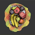 Fresh Assorted Fruits in Red Wicker Basket with Bananas Pears Apples Pomegranate on Colorful Mat