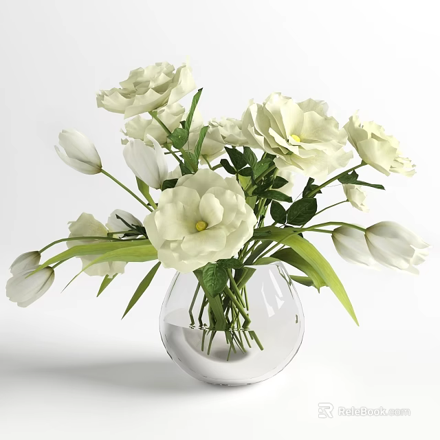 Beautiful White Flowers Arrangement With Green Leaves In Transparent Glass Vase For Home Decor 3d model 