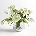 Beautiful White Flowers Arrangement With Green Leaves In Transparent Glass Vase For Home Decor