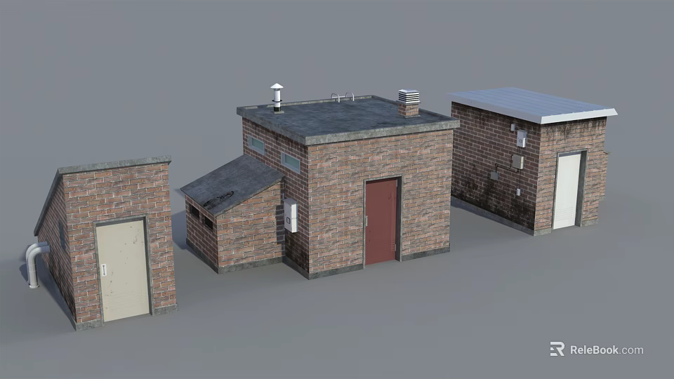 Brick Building Models With Diverse Roof Styles Doors And Window Structures 3d model 