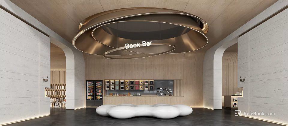 Modern Lounge Area with Wooden Walls Arched Doorways and White Irregular Sofa at Book Bar 3d model 