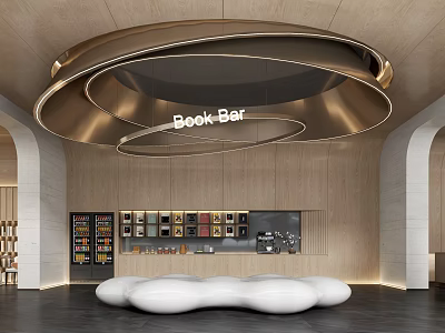 Modern Lounge Area with Wooden Walls Arched Doorways and White Irregular Sofa at Book Bar 3d model