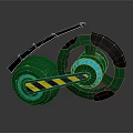 Futuristic Green Motorcycle with Large Wheels Blue Glowing Rings and Yellow Black Stripes