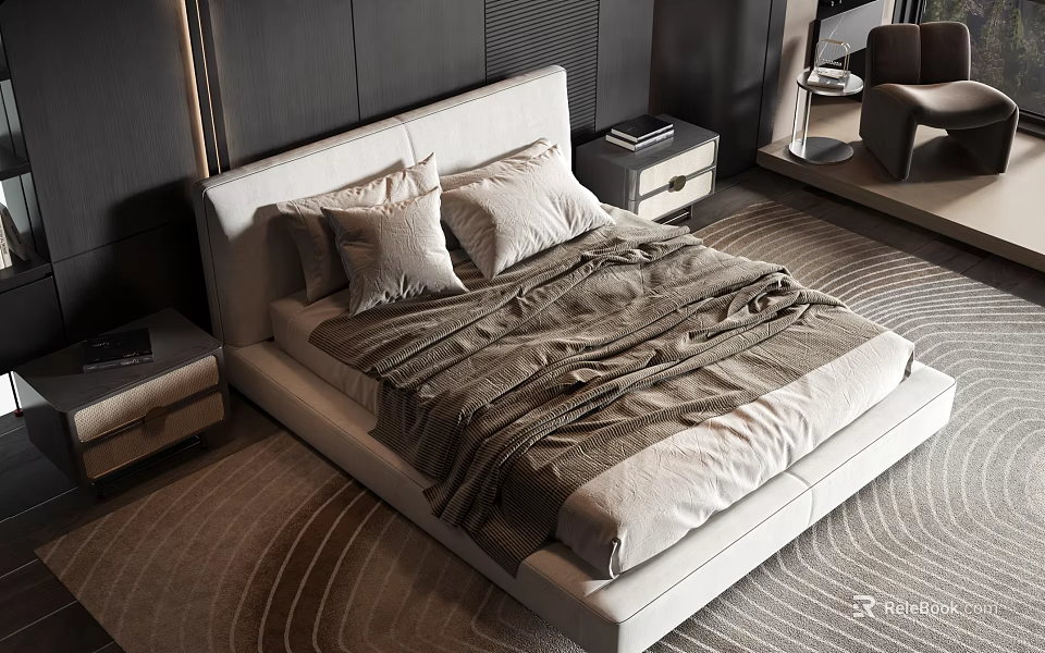 Modern Double Bed with Upholstered Headboard Light Bedding Nightstands and Striped Rug 3d model 