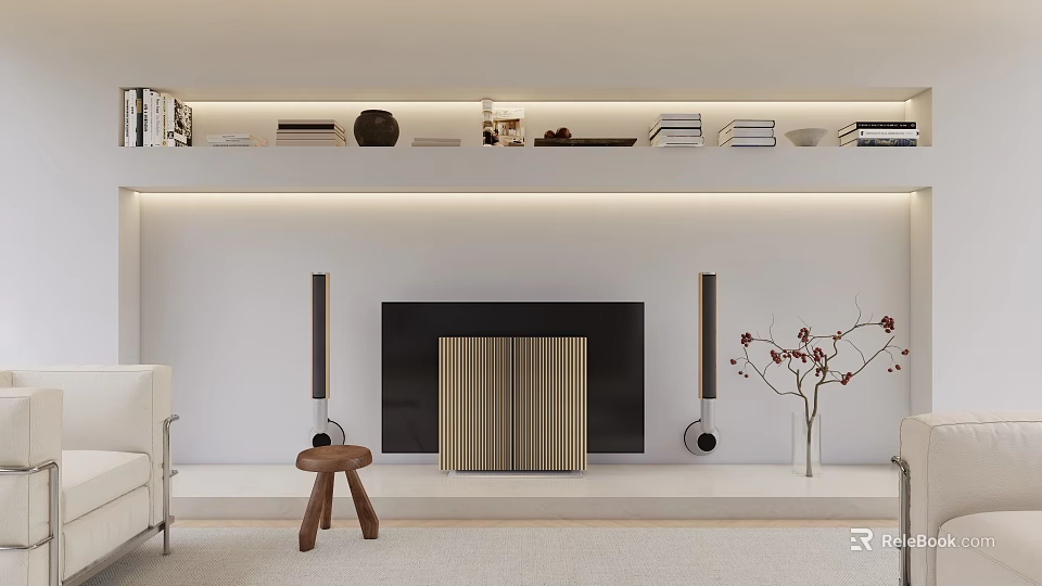 Modern TV Wall Design With Upper Shelves Books Decorations And Side Speakers 3d model 