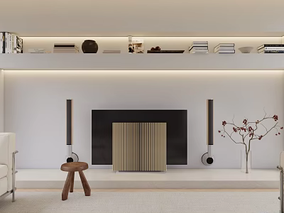Modern TV Wall Design With Upper Shelves Books Decorations And Side Speakers 3d model