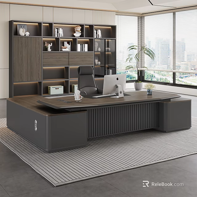Modern Office Interior With Executive Desk Laptop Bookshelves City View And Plant 3d model 