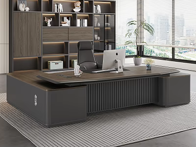 Modern Office Interior With Executive Desk Laptop Bookshelves City View And Plant 3d model