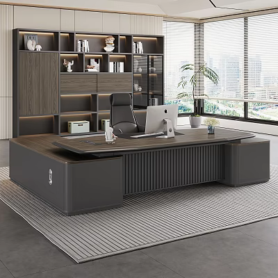 Modern Office Interior With Executive Desk Laptop Bookshelves City View And Plant 3d model