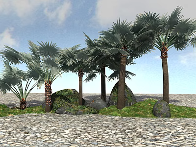Lush Evergreen Trees Growing With Stones And Green Grass Under Clear Sky 3d model