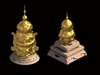Golden Classical Elegant Decorative Ornament Set with Intricate Carvings and Stone Bases for Home Decoration 3d model