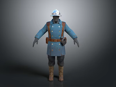 Game Movie Character In Blue Uniform Standing With Helmet And Brown Belt Gear 3d model