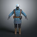 Game Movie Character In Blue Uniform Standing With Helmet And Brown Belt Gear