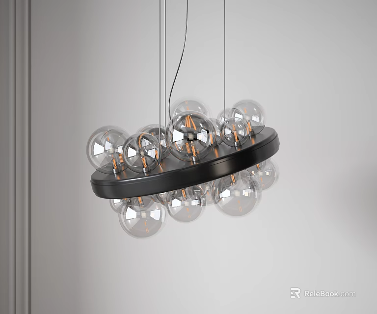 Modern Circular Chandelier With Black Frame And Transparent Glass Globe Light Bulbs 3d model 
