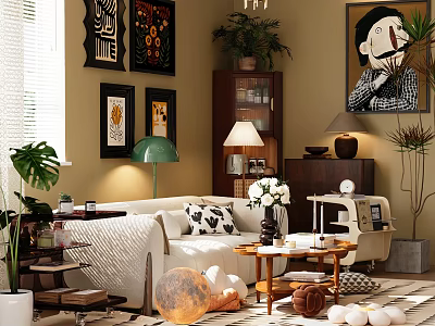 Elegant Living Room With Multi-Seat Sofa Decorative Wall Art Coffee Table And Green Plants 3d model