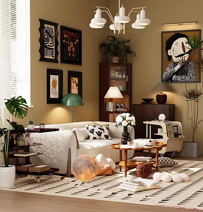 Elegant Living Room With Multi-Seat Sofa Decorative Wall Art Coffee Table And Green Plants 3d model