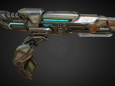Futuristic Sci Fi Weapon With Metallic Structure Blue Glowing Accents And Blade Attachment 3d model