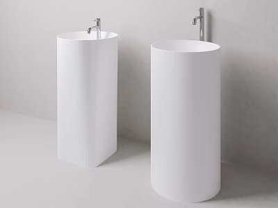 White Modern Pedestal Washbasins With Faucets Against Grey Wall And Light Floor 3d model