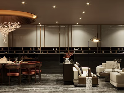 Luxurious Private Dining Box Interior With Elegant Tables Chairs And Decorative Lighting 3d model