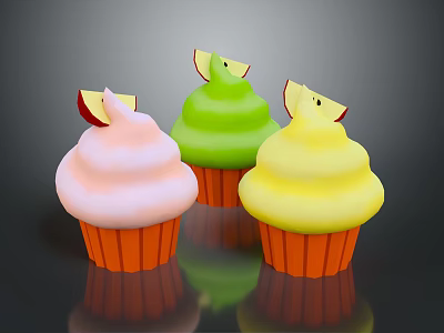 Vibrant Assorted Cupcakes with Different Colored Frostings Topped with Apple Slices and Orange Cases 3d model