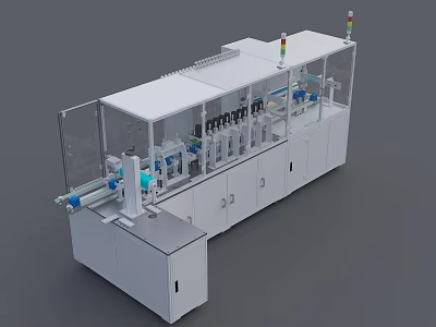 Automated Industrial Production Line With Transparent Enclosure Indicator Lights And Mechanical Workstations 3d model
