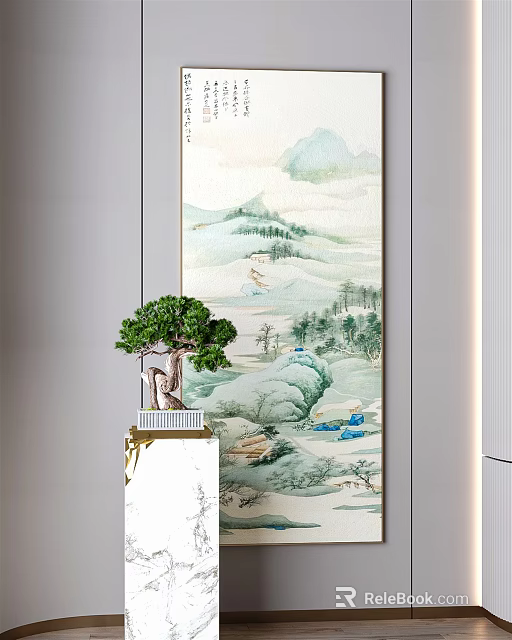 Chinese Landscape Painting Interior With Mountains River Trees Bonsai On Marble Pedestal 3d model 