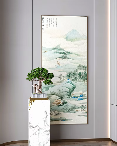 Chinese Landscape Painting Interior With Mountains River Trees Bonsai On Marble Pedestal 3d model