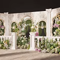 Elegant Floral Display With White Columns Green Curtains And Arched Structures 3d model