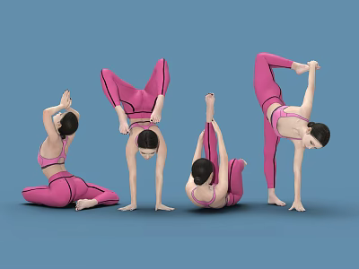 Women in Pink Activewear Practicing Various Yoga Poses on Blue Background 3d model