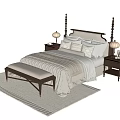 Cozy Double Bed with Tall Post Headboard White Brown Bedding Nightstands Table Lamps and Bench