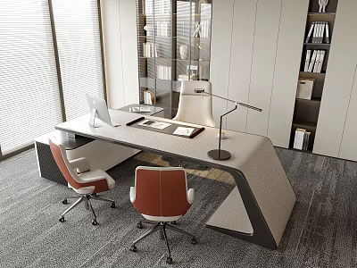 Modern Office Desk With Computer Lamp Two Orange White Chairs And Bookshelf In Bright Workspace 3d model