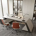 Modern Office Desk With Computer Lamp Two Orange White Chairs And Bookshelf In Bright Workspace