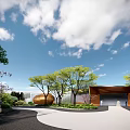 Modern Building With Glass Curtain Wall White Geometric Facade Green Lawn Trees And Blue Sky