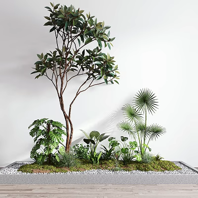 Indoor Arbor With Brown Trunk Lush Green Leaves Surrounded By Tropical Plants And Mossy Pebbles 3d model