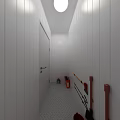 Compact Industrial Equipment Setup in Narrow Space with Sink Mirror Refrigerator and Checkerboard Floor Tiles
