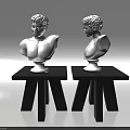 Decorative Ornament Set With Two White Bust Statues On Black Small Tables